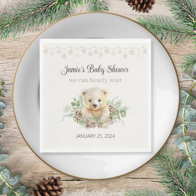 Vinterburna Polar Kön Neutral babystövel Pappersservett (cute cream gender neutral polar bear theme we can bearly wait baby shower napkins personalized)