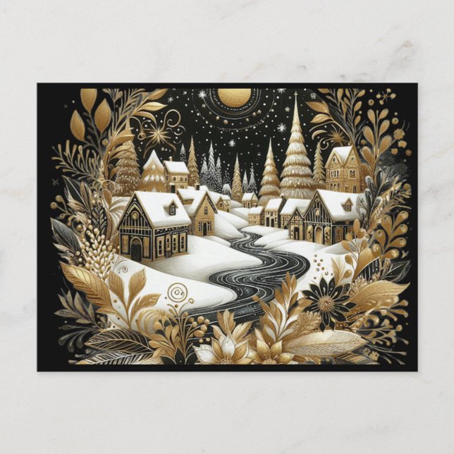 Vinterby gold & svart design vykort (Framsida)