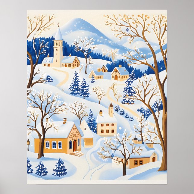 Vinterby med frostiga träd och snöiga kullar poster (Framsidan)