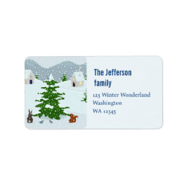 Vinterby med snö, bunny, ekorre och gräs adressetikett
