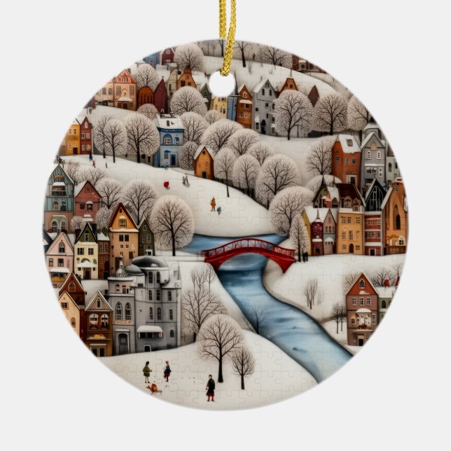 Vinterby Scen Mysig Snötäckt Stad  Julgransprydnad Keramik (Framsidan)