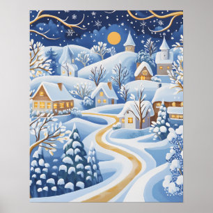 Vinterby under månljus med snötäckt stig poster