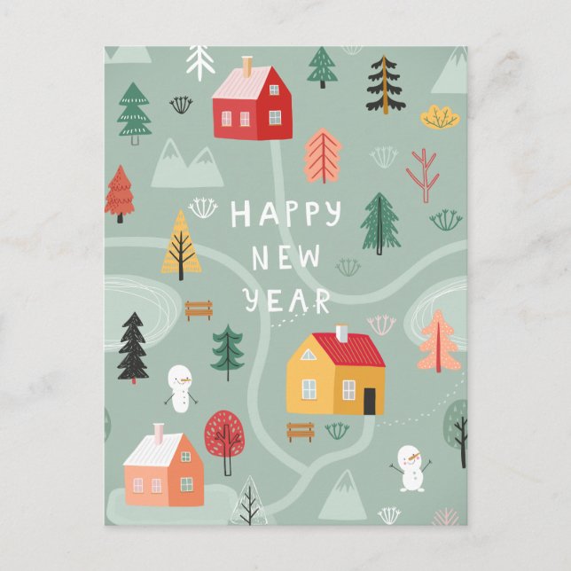 Vinterbyn - nytt år - Mysigt start Helg Vykort (Framsida)