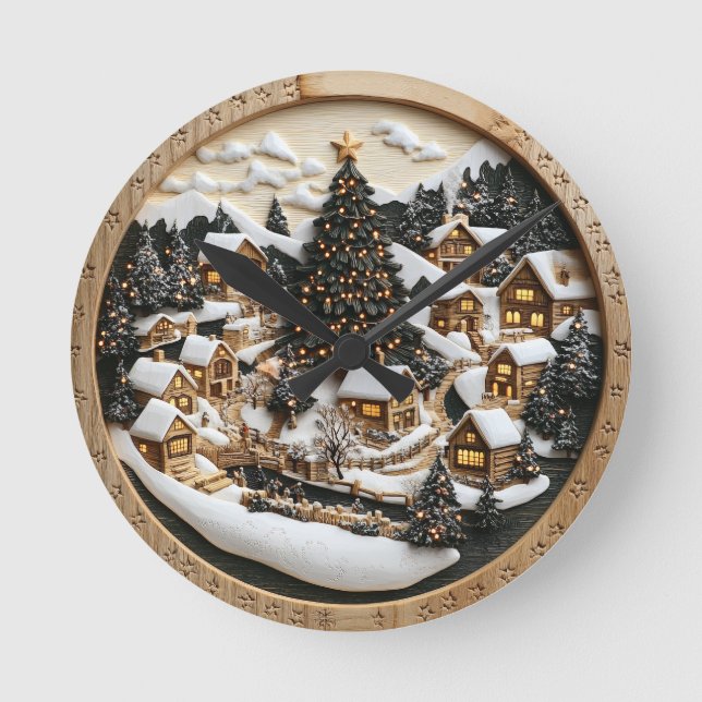 Vinterbyström med festive ljus rund klocka (Framsida)