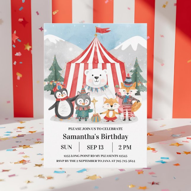 Vintercirkus födelsedagsinbjudan | Söt pingvin Inbjudningar (Skapare uppladdad)