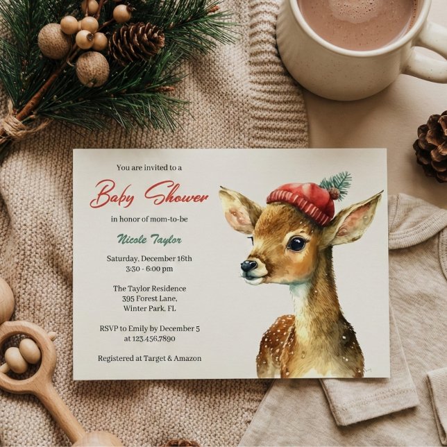 Vintercute Forest Animal Hjort Baby Shower Inbjudningar (Woodland Deer Baby Shower Invitation – Cozy Neutral Winter Theme)