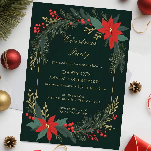 Vinterdagen Grönt Guld jul Party Inbjudningar (Winter Floral Green Gold Christmas Party Invitation)