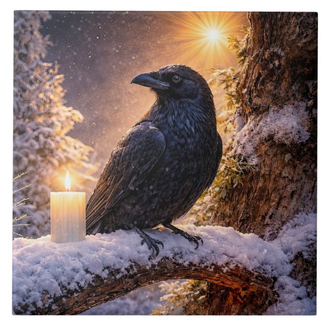 Vinterdagjämning Yule Korp och Snö Kakelplatta (Framsidan)