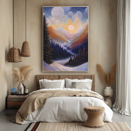 Vinterdalslandskap i pointillistisk stil poster