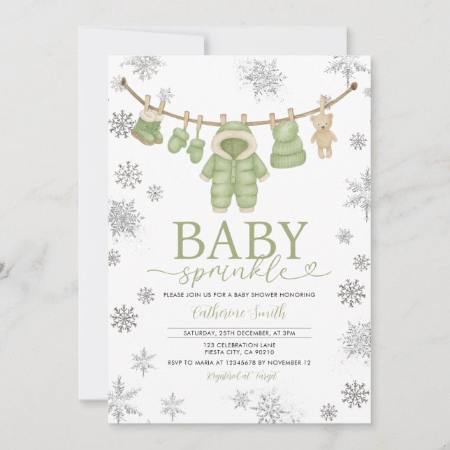 Vinterdammgrön stänk snöflingor baby shower inbjudningar (Framsida)