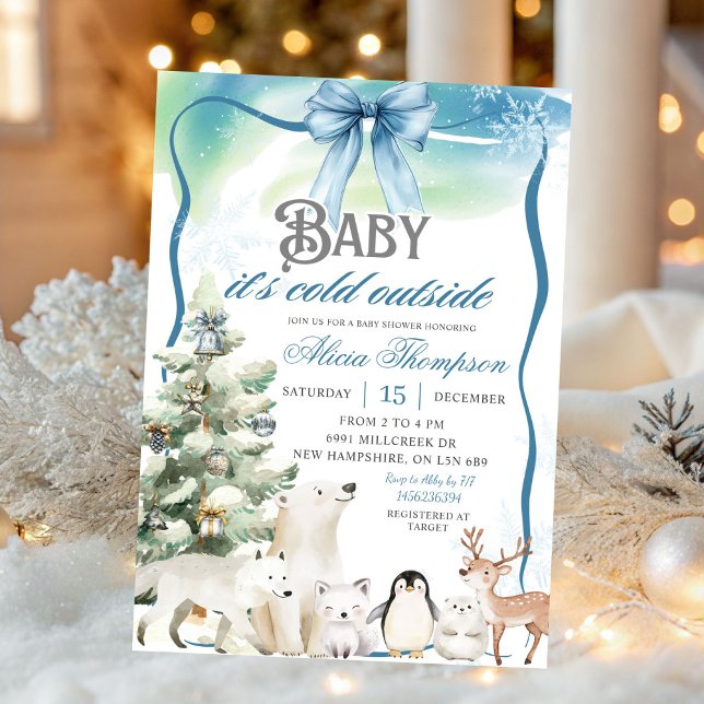 Vinterdjur Aurora Bow Coquette Pojke Babyfirande Inbjudningar (Skapare uppladdad)