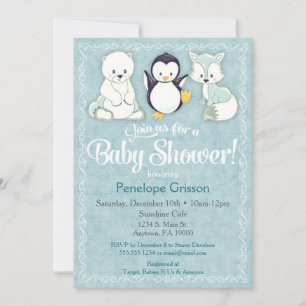 Vinterdjur Baby Shower Inbjudan Björn Pingvin