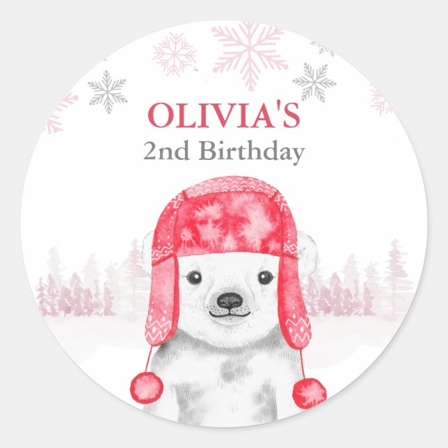 Vinterdjur Birthday Girl Bear Runt Klistermärke (Framsida)