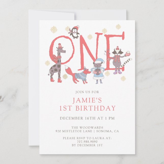 Vinterdjur i Party 1:a födelsedagen Inbjudningar (Framsida)