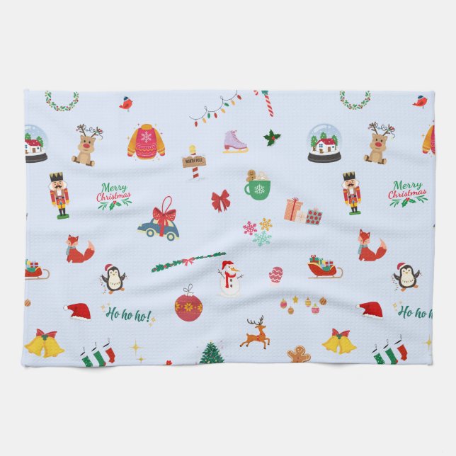 Vinterdjur i snögubbe under jultomten kökshandduk (Horisontell)