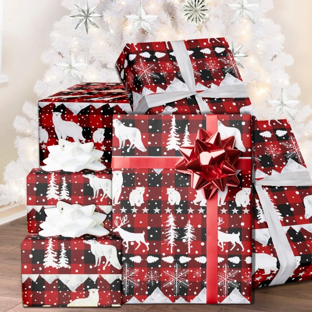 Vinterdjur med nordisk sötare Vita rödspetsar Presentpapper (Nordic Sweater Red Black Buffalo Plaid White Winter Animals Christmas Holiday Wrapping Paper Rolls)