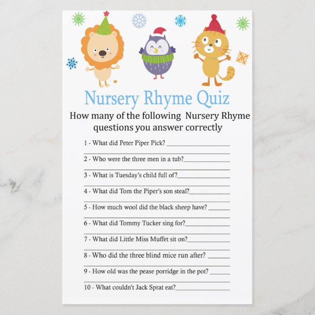 Vinterdjur Nursery Rhyme Quiz babyduschspel (Framsida)