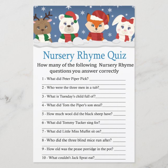 vinterdjur Nursery Rhyme Quiz babyduschspel (Framsida)