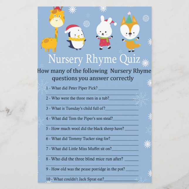 Vinterdjur Nursery Rhyme Quiz babyduschspel (Framsida)