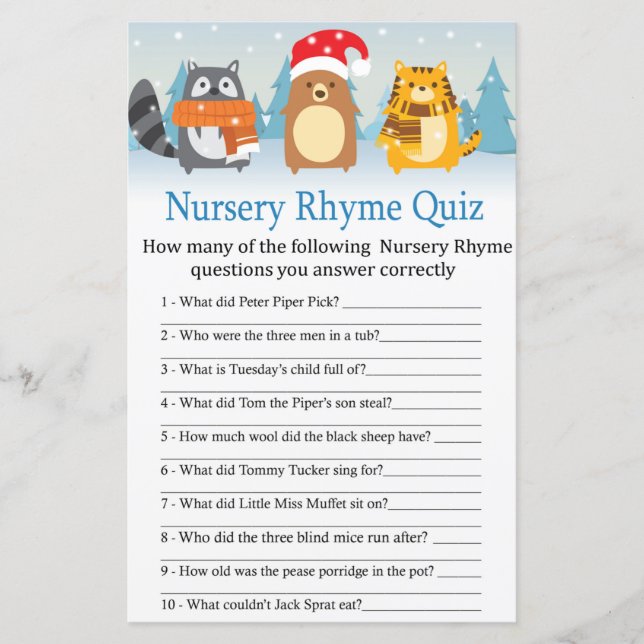 Vinterdjur Nursery Rhyme Quiz babyduschspel (Framsida)