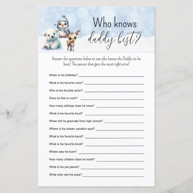 Vinterdjur utfyllnadslek för baby shower (Framsida)