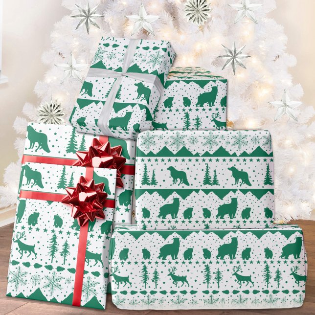 Vinterdjur Vit Grönt i nordisk sötningsmedel Presentpapper (Nordic Sweater Theme White With Green Winter Animals Christmas Holiday Wrapping Paper)
