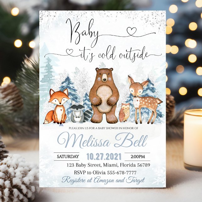 Vinterdjur Woodland Baby Shower Det är kallet ut Inbjudningar (Winter Animals Woodland Boy Baby Shower invitation featuring snowy forest animals like bears, foxes,)