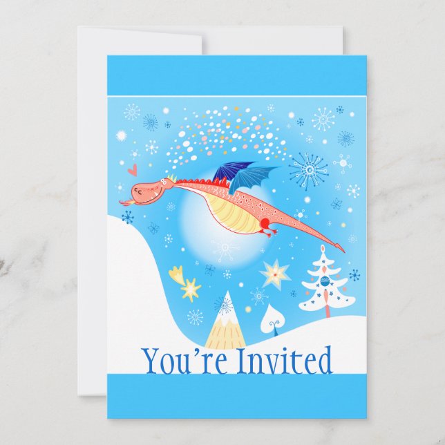 Vinterdrakeflyg till och med snöflingor inbjudningar (Framsida)