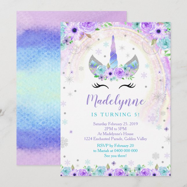Vinterenhjörning Inbjudan - Enhjörning Snöflingor (Fram/baksida)