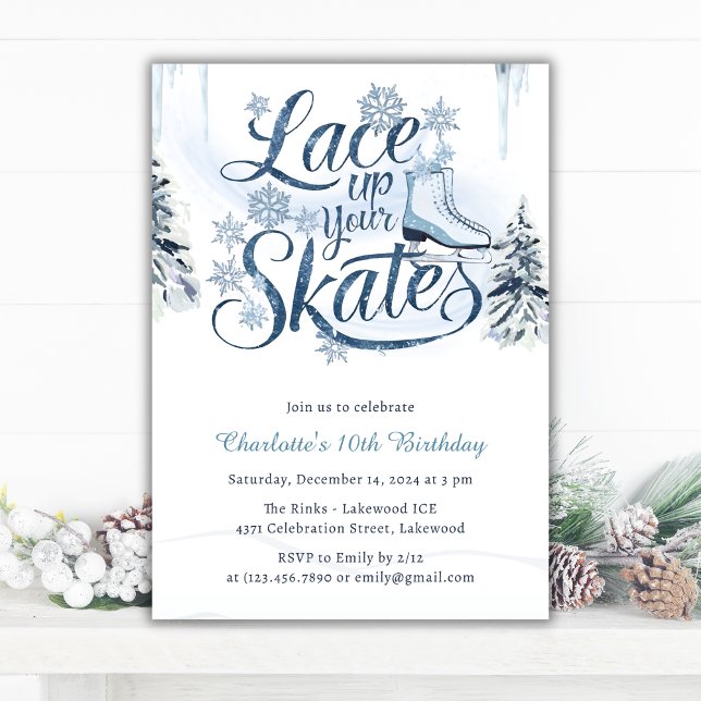 Vinterer Snö Snöre Uppåt dina hud isskal födelseda Inbjudningar (Lace Up Your Skates Ice Skating Birthday Invitation)