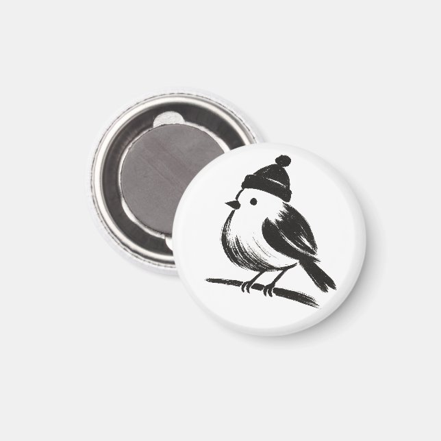 Vinterfågel i mössa – bläckpensel minimalism på  magnet (Front/Back)