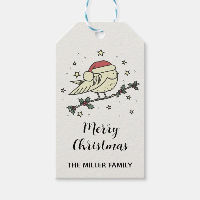 Vinterfågel med julhatt presentetikett (Framsidan)