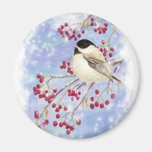 Vinterfågel till och med snöig fönster. Julplat Magnet