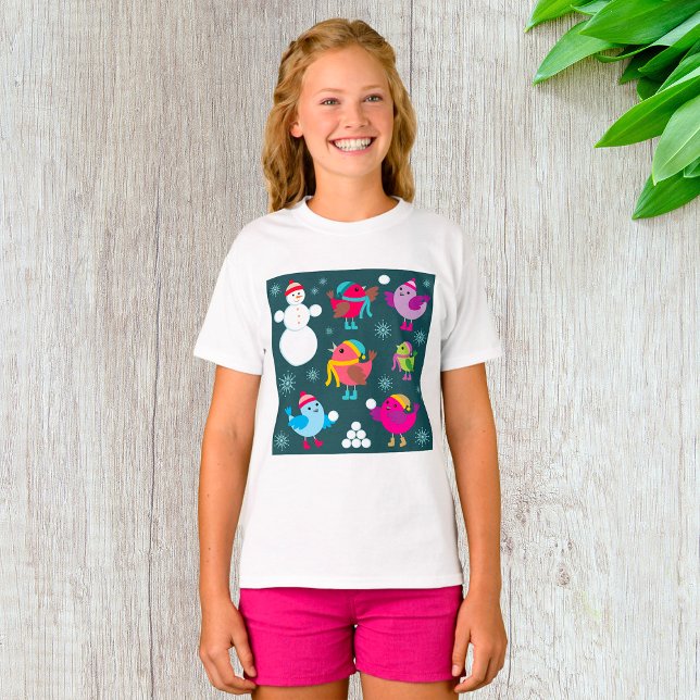 Vinterfåglar i Snö med Snögubbe T Shirt (Skapare uppladdad)