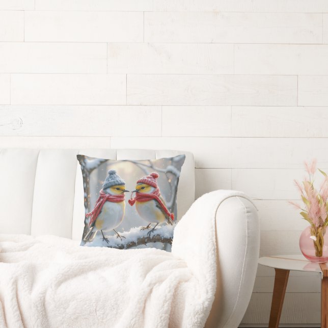 Vinterfåglar med rött hjärta kudde (Soffa)