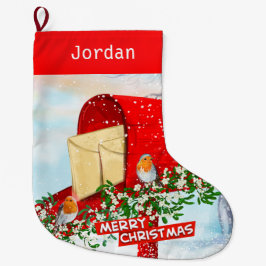 Vinterfåglar på Personligen Snowy Red Post Box Stor Julstrumpa