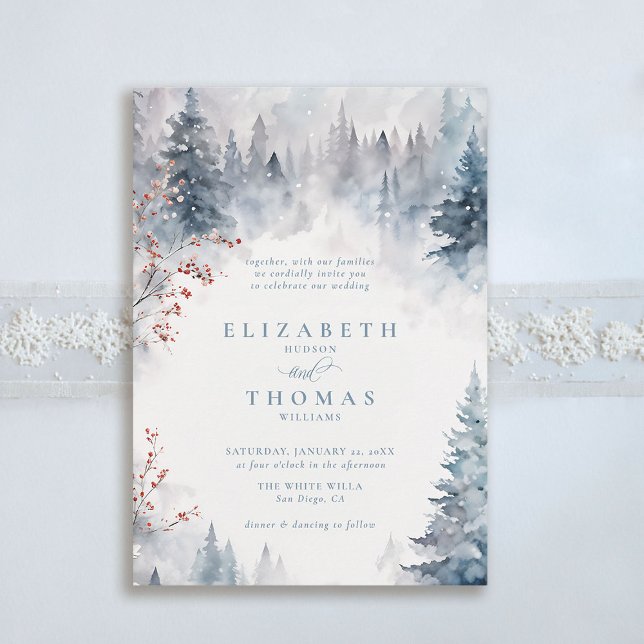 Vinterfallande Snö, Träd, Elegant bröllop Inbjudningar (winter wedding invitation mountains smoky forest woodland elegant trees falling snow berries)