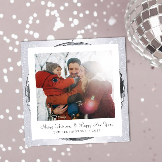 Vinterfamiljen Silver Glitter Festive Winter Julkort (Shimmering Disco Ball Snowflake Family Christmas Holiday Card)
