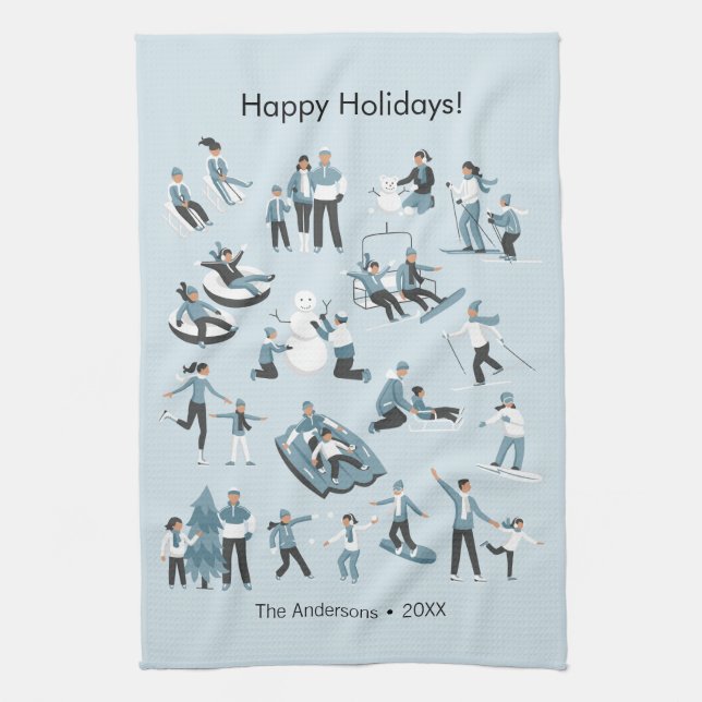 Vinterfamiljens Helgdag för Roligt jul Kökshandduk (Vertikal)