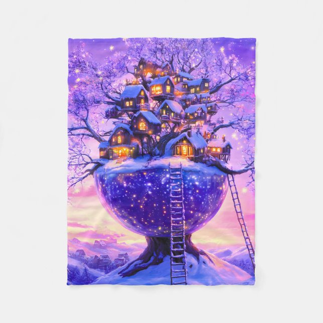 Vinterfantasi Snöig Träd By Landskap Fleecefilt (Framsidan)