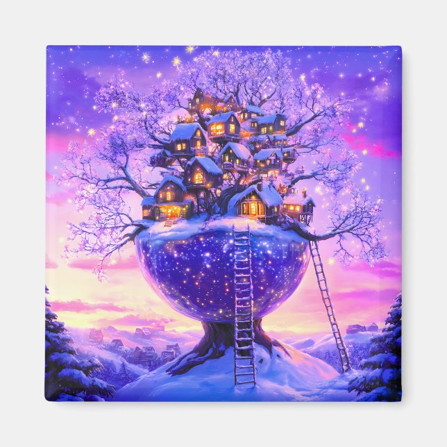 Vinterfantasins snöiga träd by landskap magnet (Framsidan)