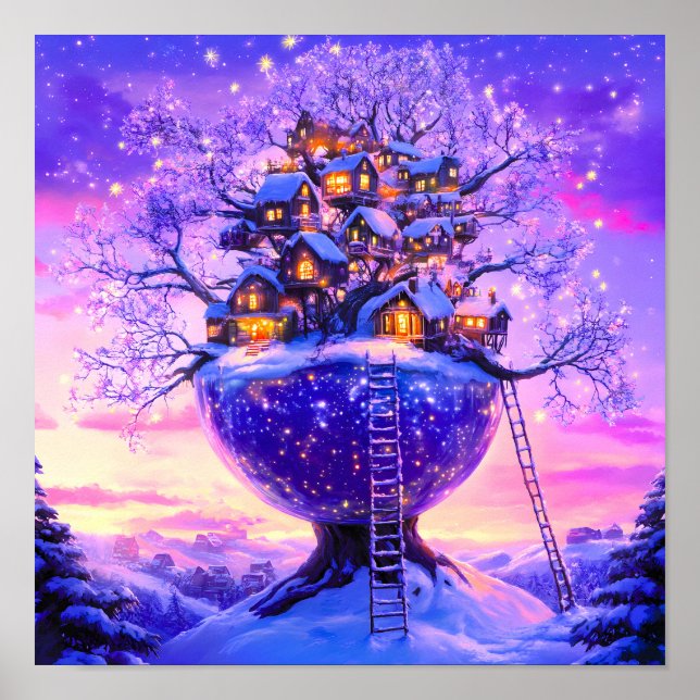 Vinterfantasins snöiga träd by landskap poster (Framsidan)