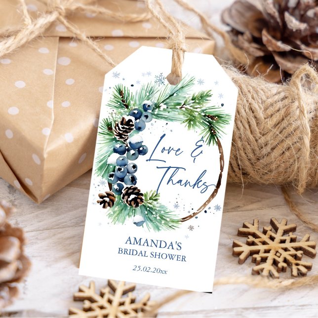 Vinterfärgens vattenfärg gräs krans för möhippa presentetikett (Winter bridal shower watercolor pines wreath template favor gift tags thank you favor tags)