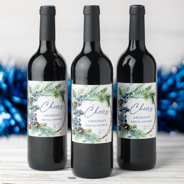 Vinterfärgens vattenfärg gräs krans för möhippa vinflaska etikett (Winter bridal shower watercolor pines wreath favor personalized  wine label blue winter berries)