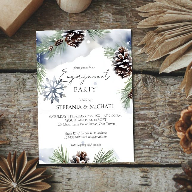 Vinterfärgsmall för vattenfärgssnowy gräs förlovni inbjudningar (Winter engagement party editable template invitation digital download watercolor snowy pines )
