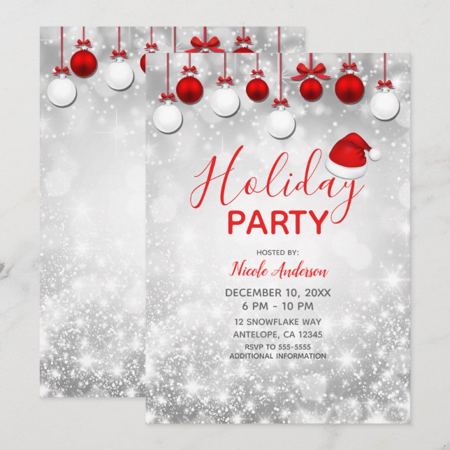 Vinterfest firande röda vita glittrande utsmycknin inbjudningar (Fram/baksida)