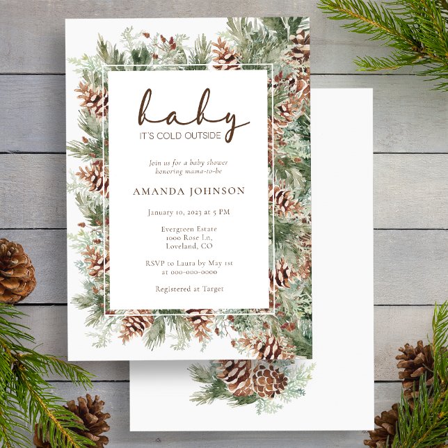 Vinterfirande Baby Shower Inbjudningar (Pinecone Evergreen Winter Holiday Baby Shower Invitation by Painted Paperie
)