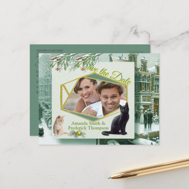 Vinterfirande i snön, med kattungar meddelande vykort (Fram/Back In Situ)