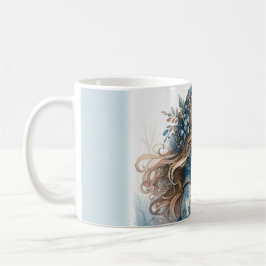 Vinterflicka med fågel i blå blomsterklänning kaffemugg