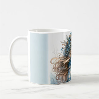 Vinterflicka med fågel i blå blomsterklänning kaffemugg